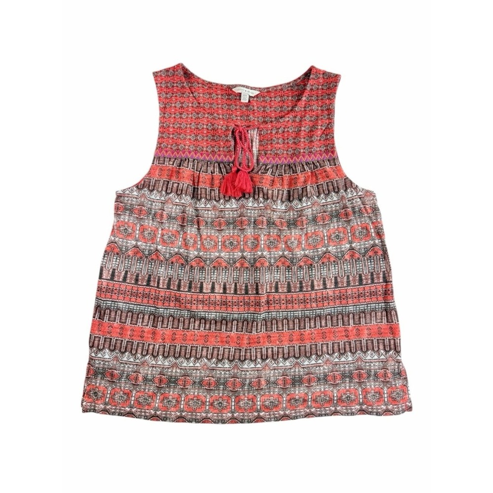 Lucky Brand Boho Tassel Tank Top Coral Geometric Print Sleeveless Blouse Size M